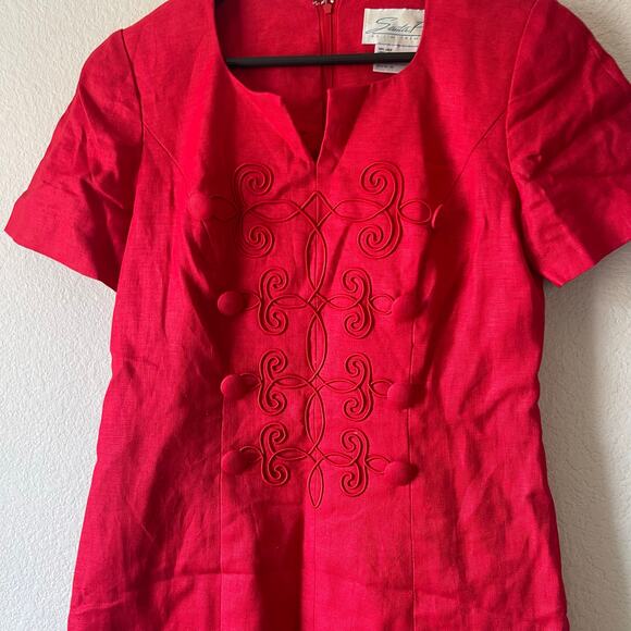Vintage 80s linen red mini dress‎ embroidered details and layered hem 4 - Picture 9 of 9